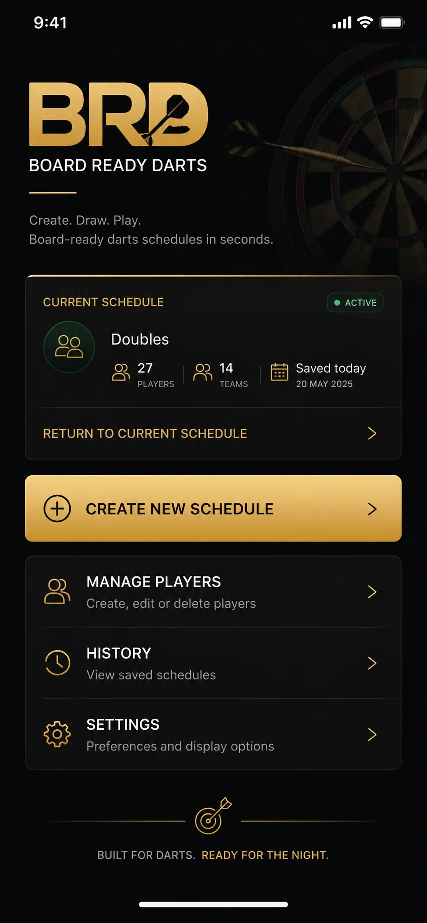Board Ready Darts mobile app home screen mockup