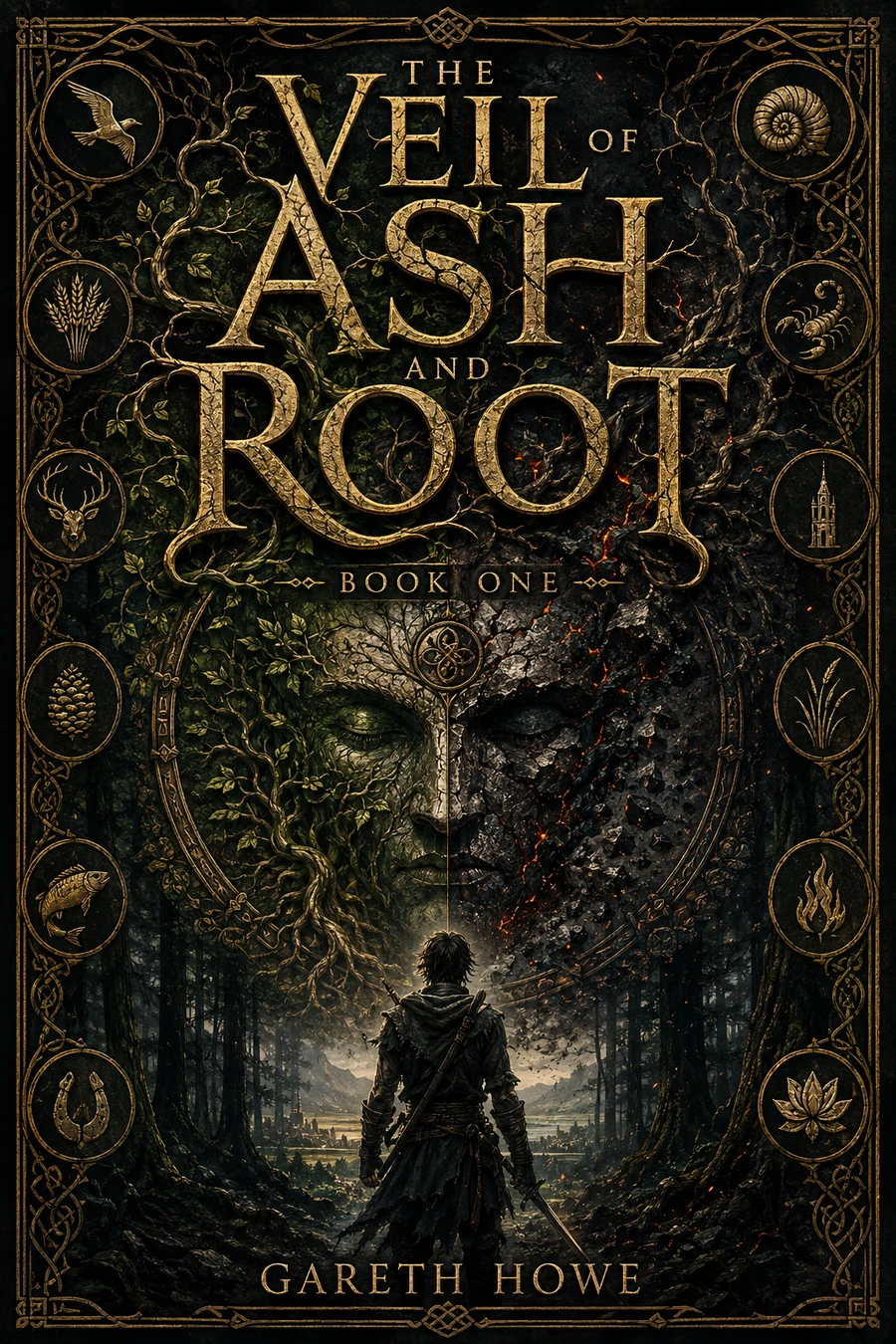 The Veil of Ash and Root book cover concept, with gold title lettering, ash and root imagery, a divided face, and region symbols around the border.