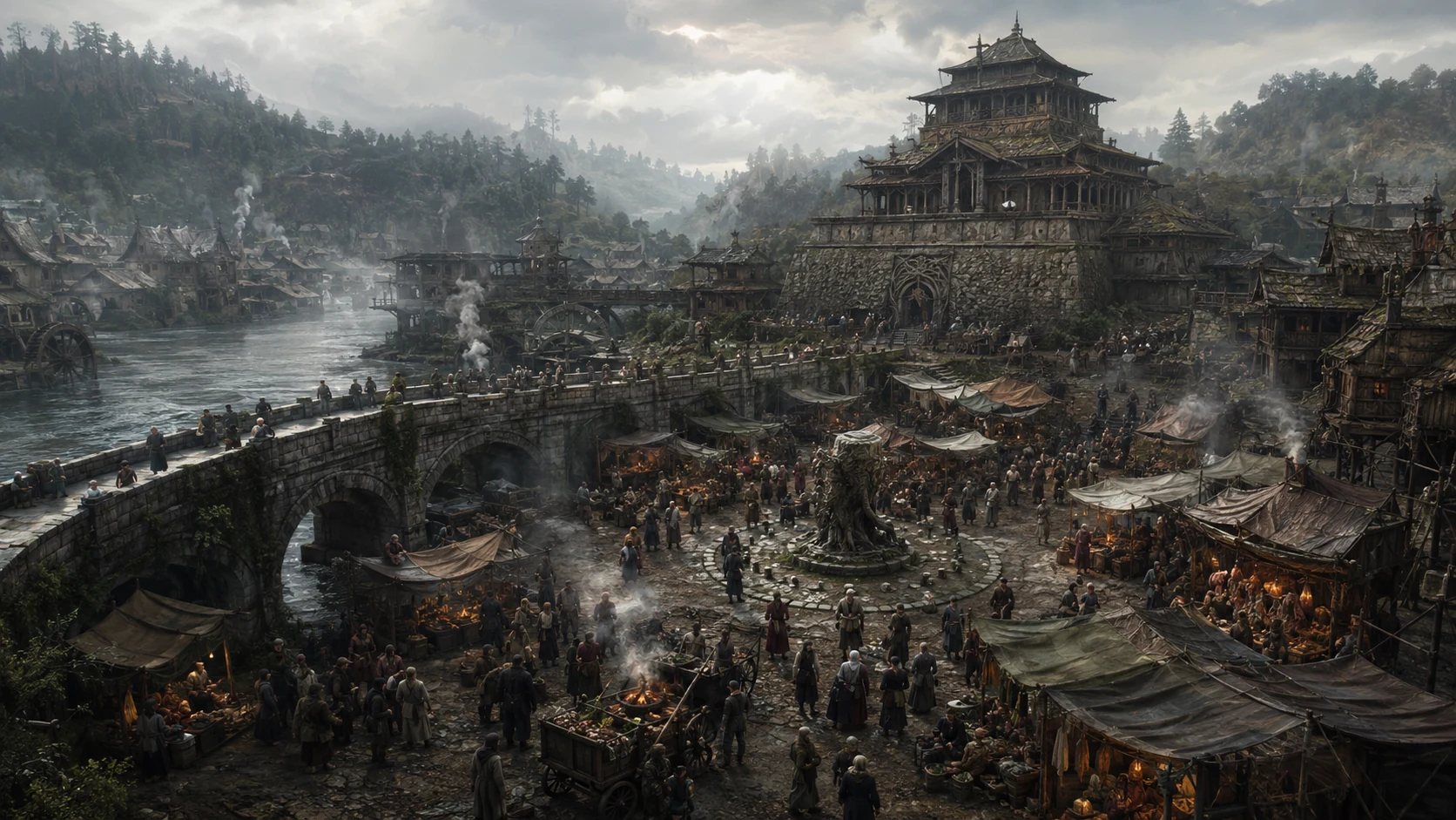 Doresk market square fills with traders, smoke, stalls, a stone bridge, and the Root-Temple above the river.