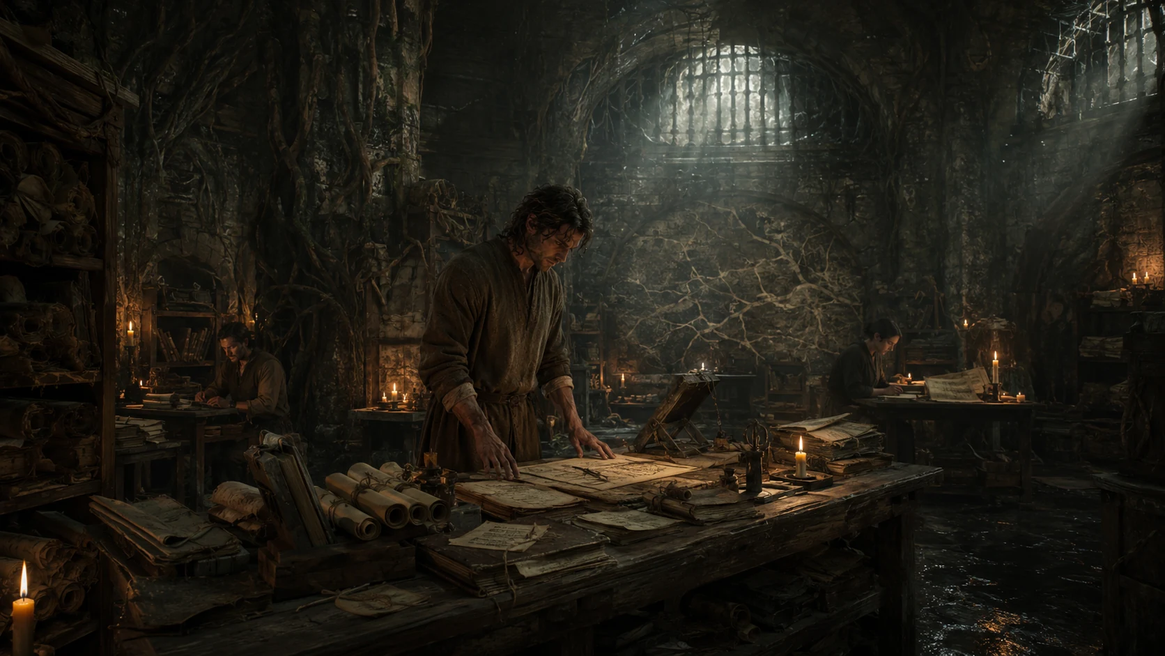 Veylan works in the candlelit Root-Temple Subterrane, surrounded by ledgers, scrolls, roots, and damp stone.