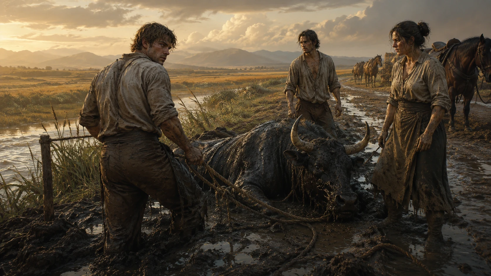 Eslav, Radan, and Alena stand in a muddy riverbank after pulling the black bull Volkhan from the clay.